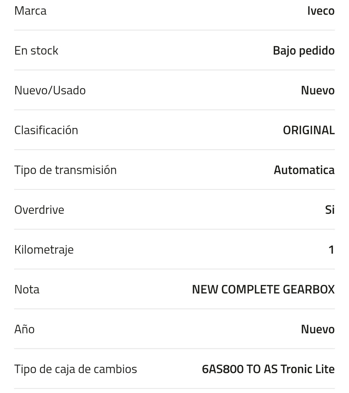 Caja de cambios Iveco 6AS800 TO AS Tronic Lite Kilometraje 0