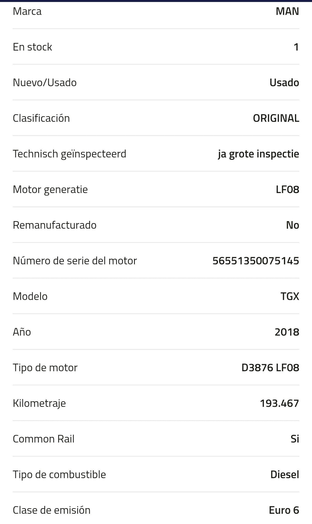Motor MAN D3876 LF08 TGX 2018  Kilometraje: 193.467 km