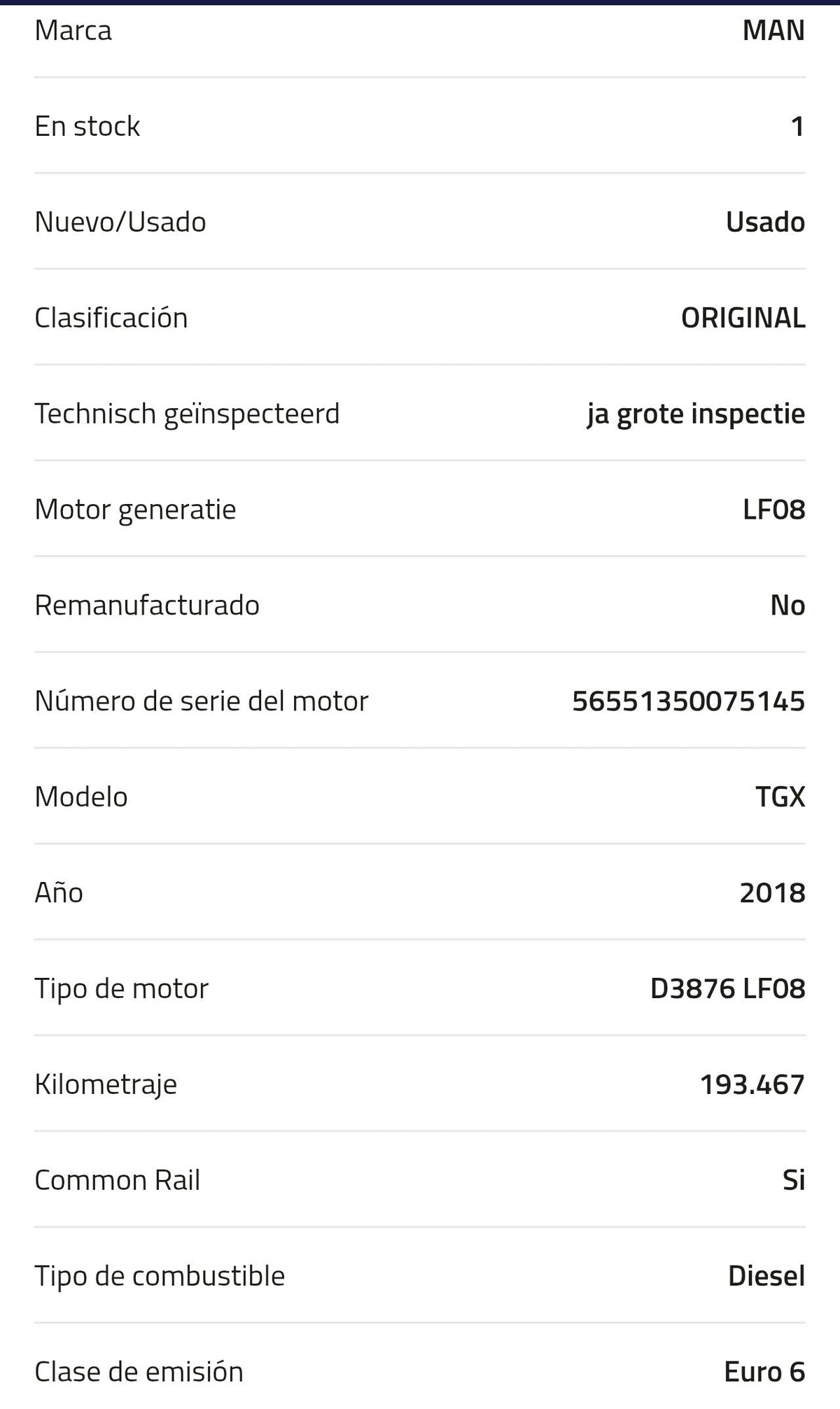 Motor MAN D3876 LF08 TGX 2018  Kilometraje: 193.467 km