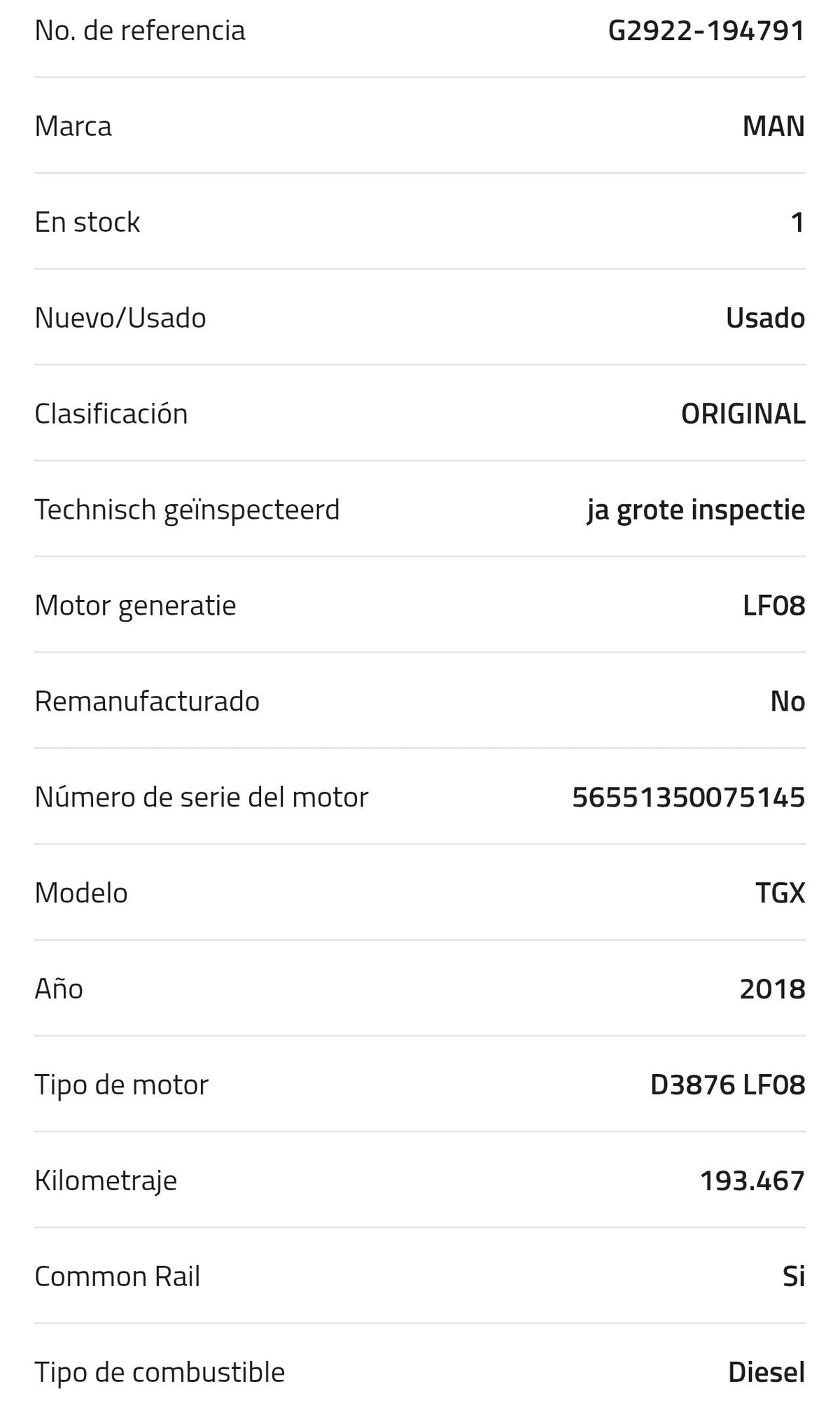Motor MAN D3876 LF08 TGX 2018  Kilometraje: 193.467 km