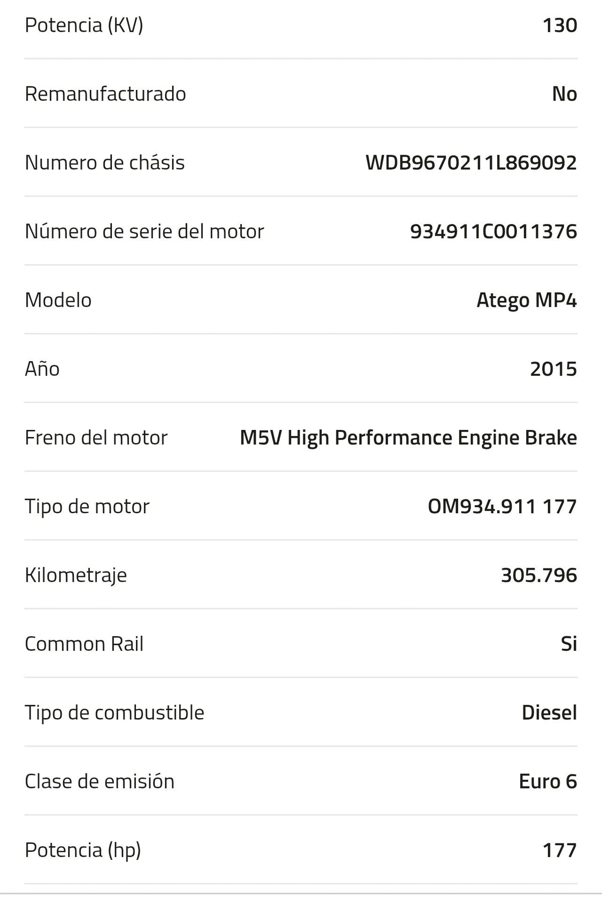 Motor Mercedes-Benz OM934.911 177 - Atego MP4 2015     Kilometraje: 305.796 km