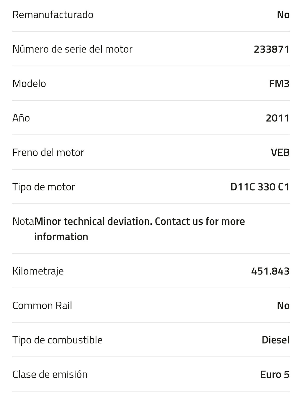 Motor Volvo D11C 330 C1  Kilometraje 451.843