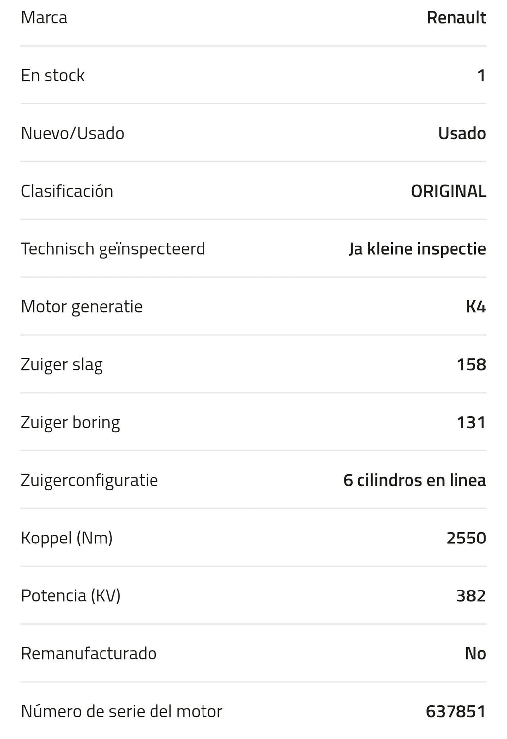Motor Renault DTI13 520 K4 7421368560 Usado  kilómetros 492.788
